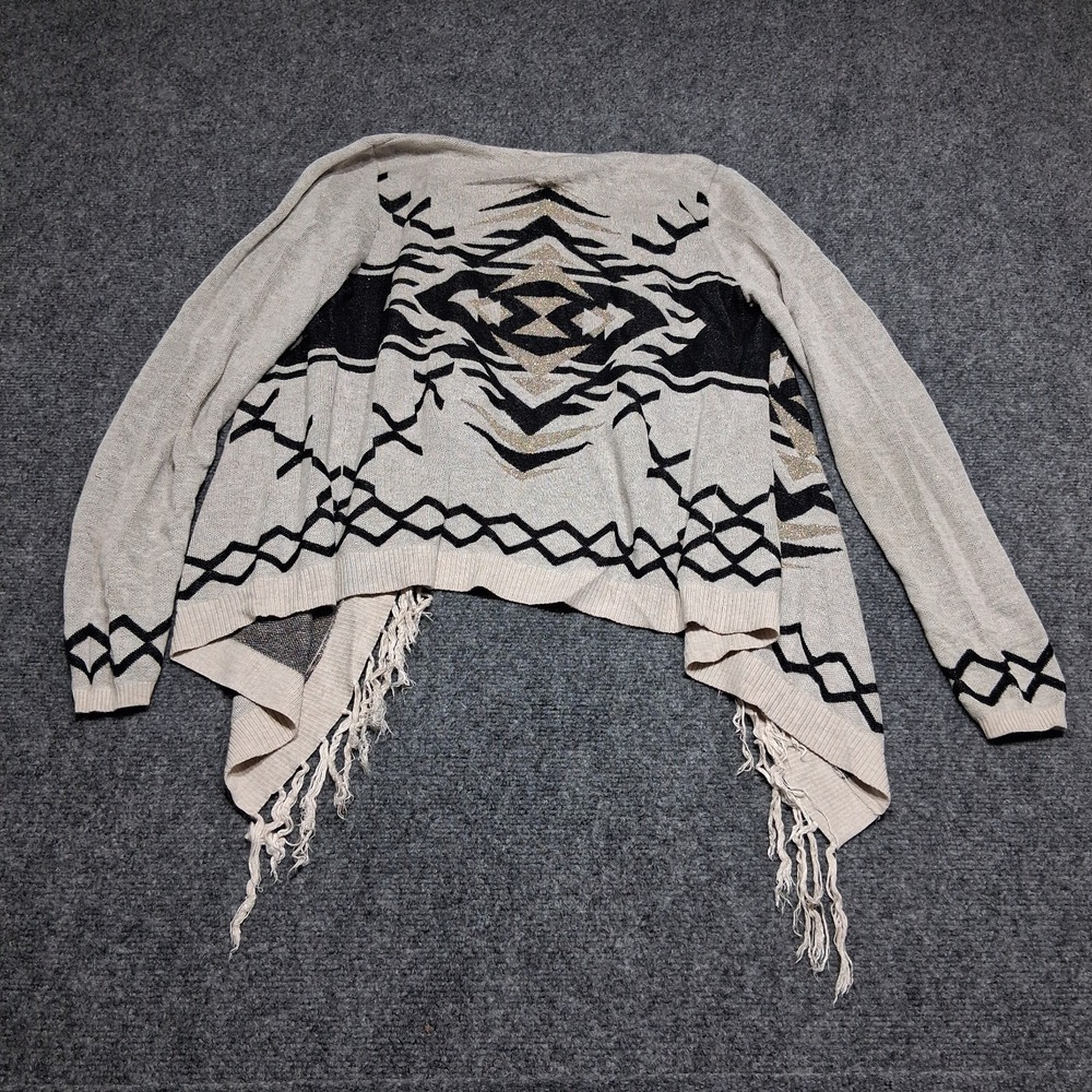 INC Womens Sweater Size M Ivory Diamond Knit Bohemian Fringe Open Wrap Cardigan - Picture 10 of 12